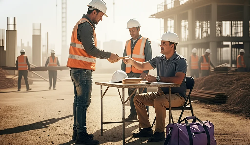 Construction worker receiving cash wages from a site accountant at an active construction site.