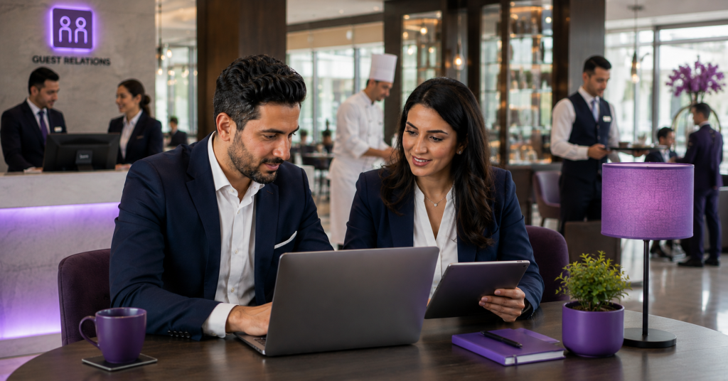 Hospitality payroll in Egypt: hotel HR reviewing staff shifts and pay records.